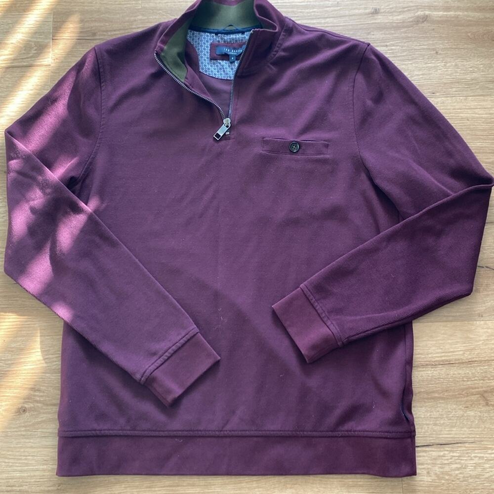 Ted Baker Bevyhil Quarter Zip Pullover Sweater Burgundy Mock Funnel Neck Sz L 4 - Picture 2 of 8